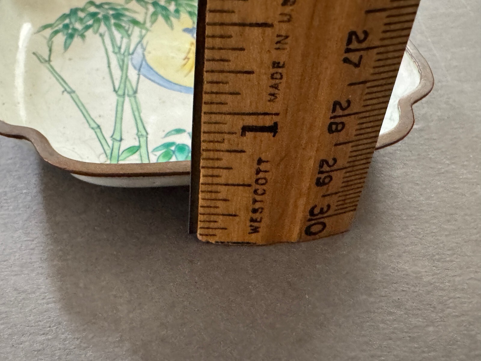 SMALL HAND PAINTED BAMBOO & WOMAN CLOISONNE TRINKET DISH TIDBIT TRAY VTG CHINA