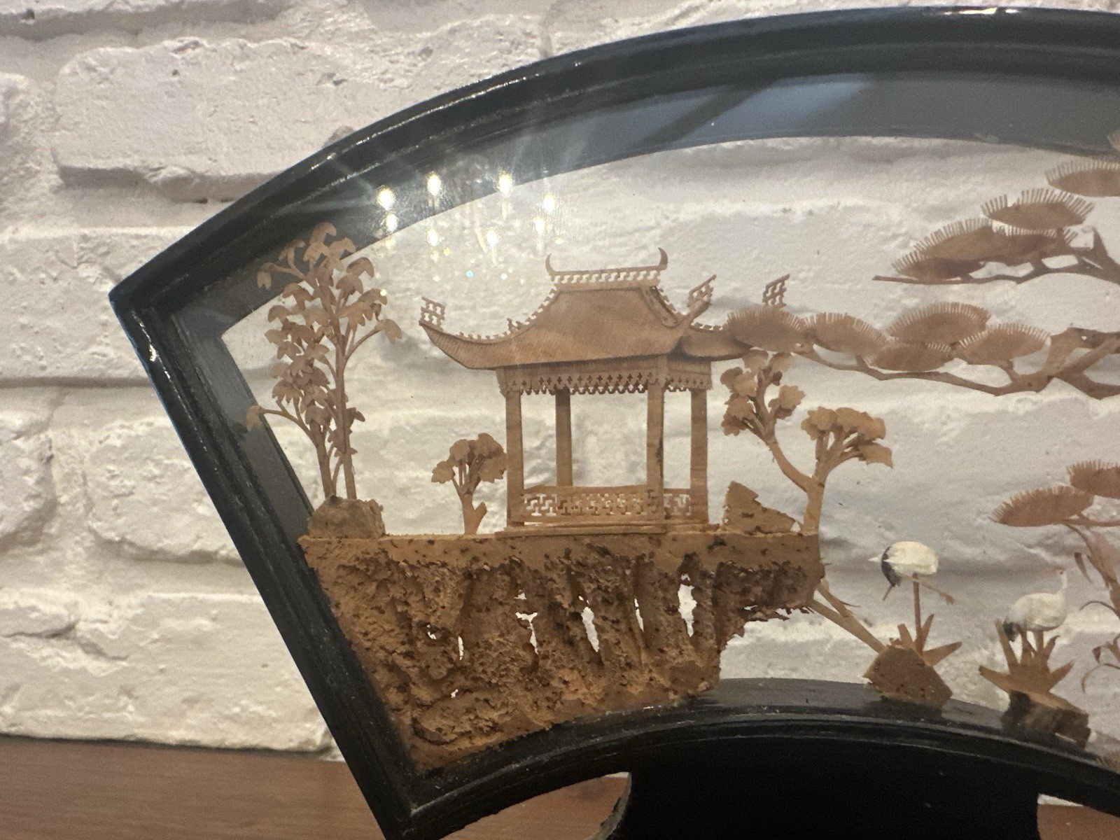 VINTAGE CHINESE SAN YOU DIORAMA CORK CARVING GLASS CASE PAGODA TREES & CRANES.