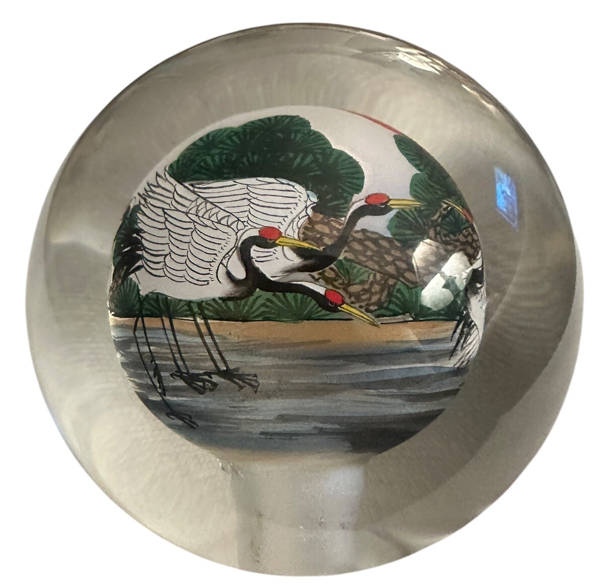 Interior Painted Glass Sphere Depicting Beautiful Scenes With Cranes Vintage