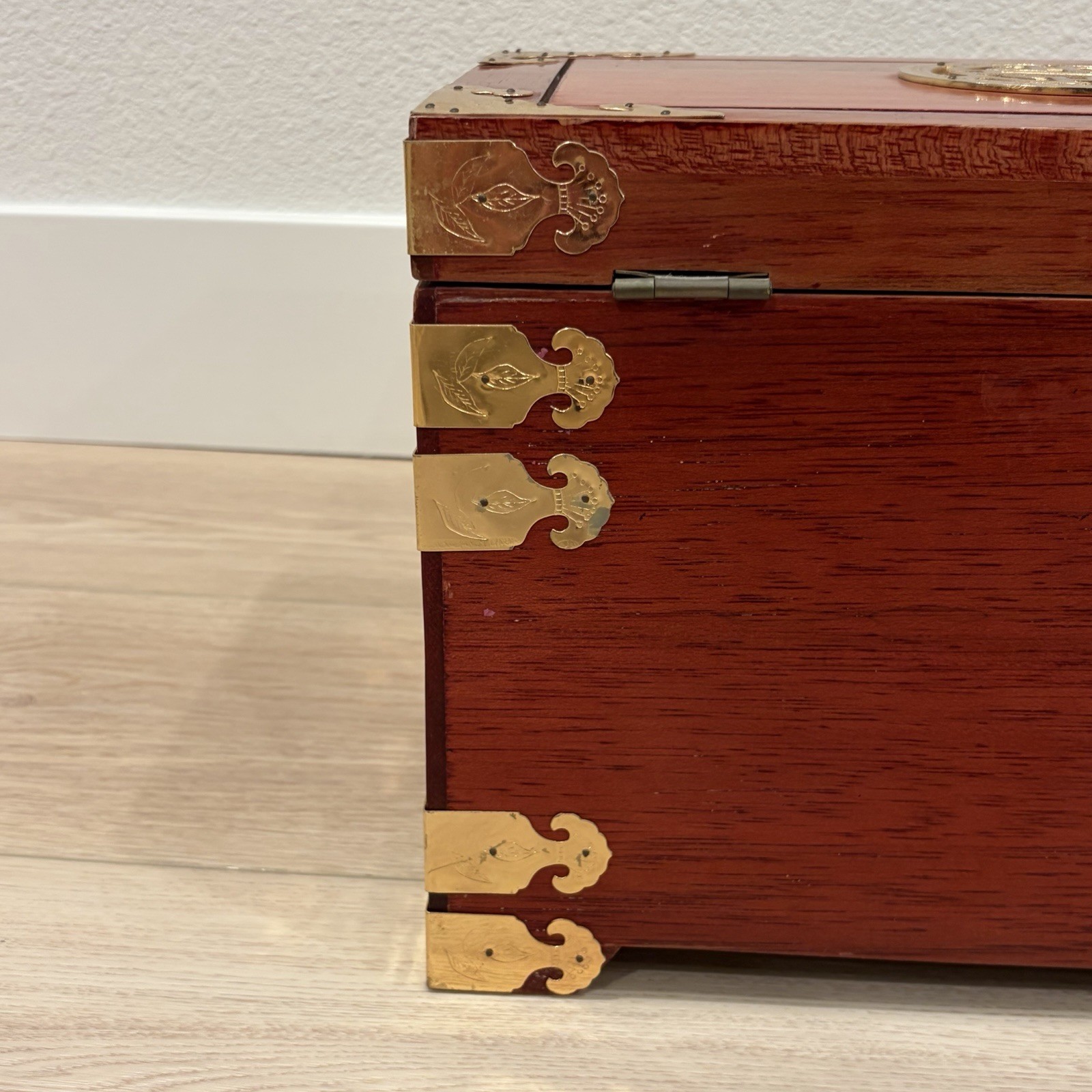 Large Chinese Rosewood & Brass 3 Drawer Flip Top Jewelry Box Longevity Symbol