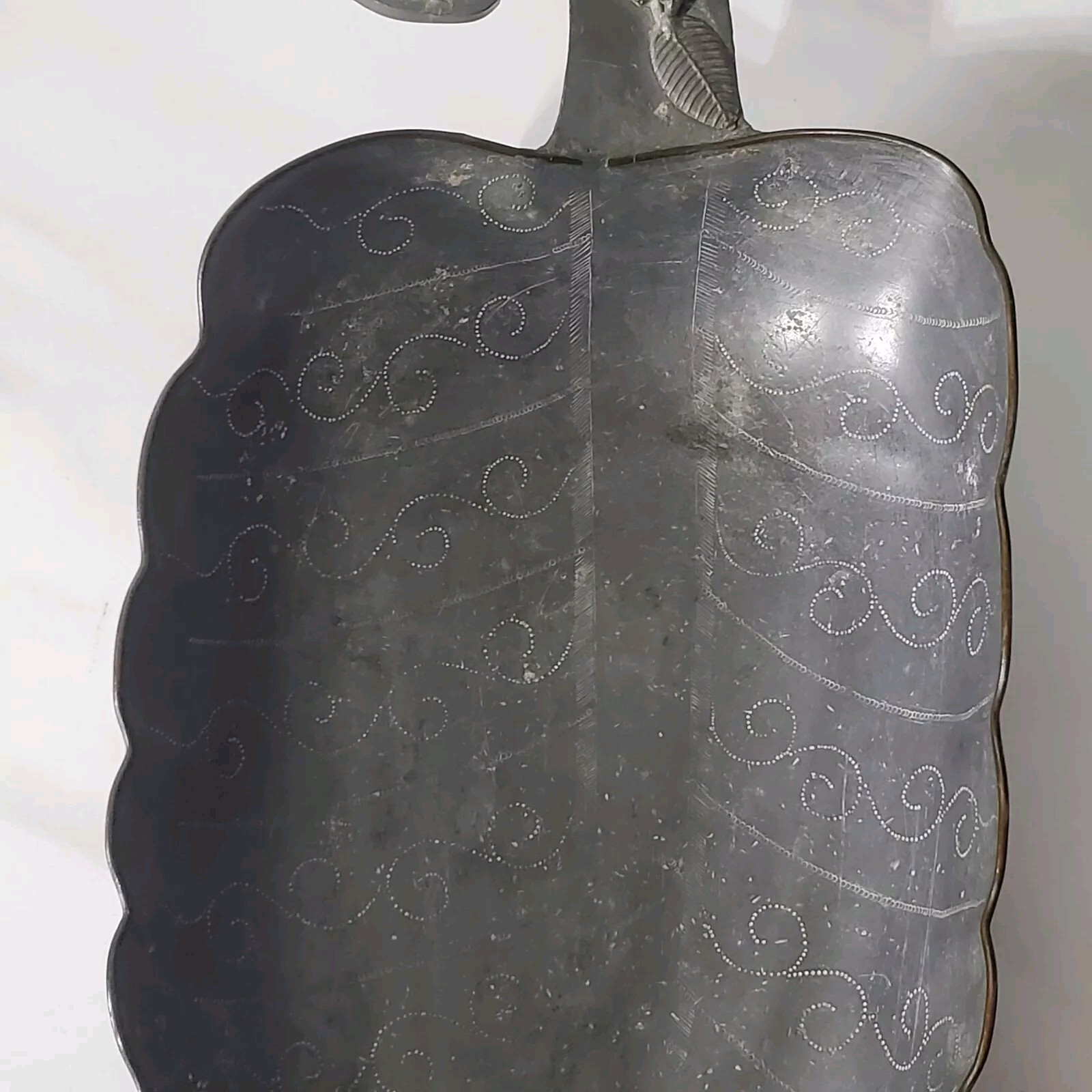 Vintage Chinese Pewter Etched Leaf Shape Tray with Semi-Precious Stones