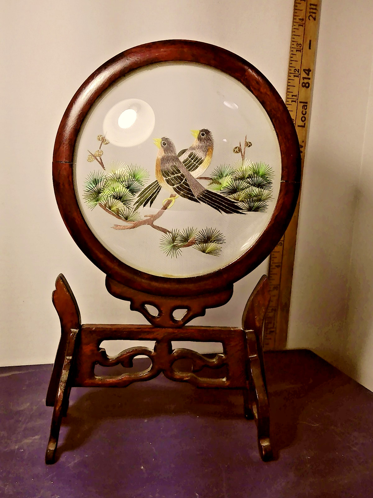 Vintage Chinese Silk Embroidery Double Sided Set of 2 Panda and Robin’s