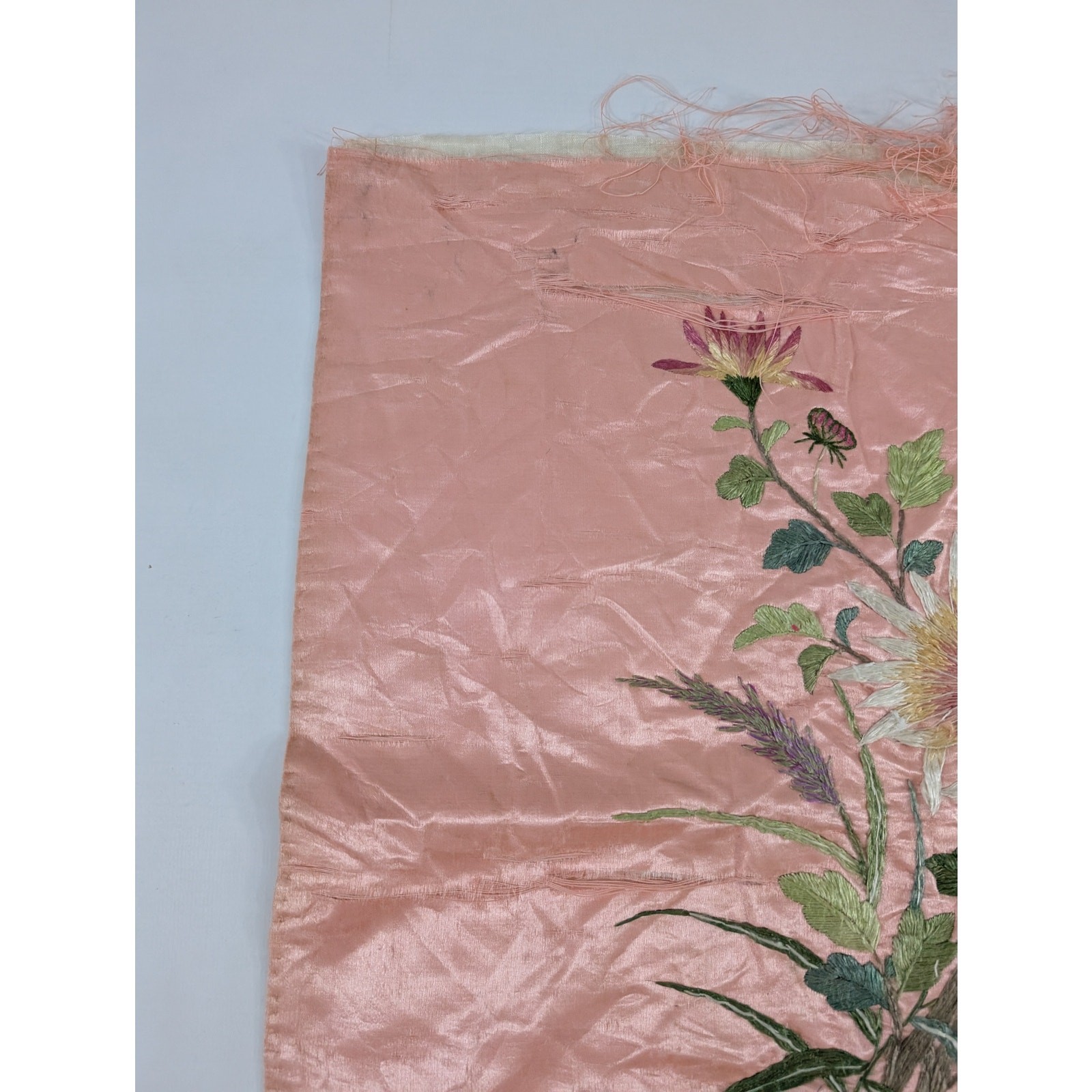 Vintage Chinese Hand Embroidered Floral & Butterfly Silk Textile 23x18in