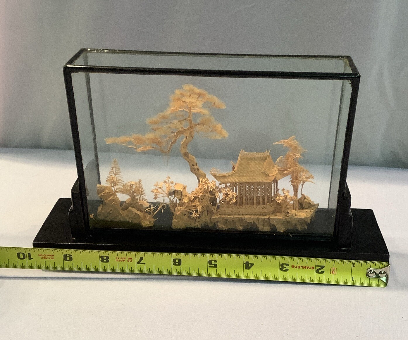Fujian China 202 Vintage Hand Carved Cork Diorama Art Glass Wood Framed Picture