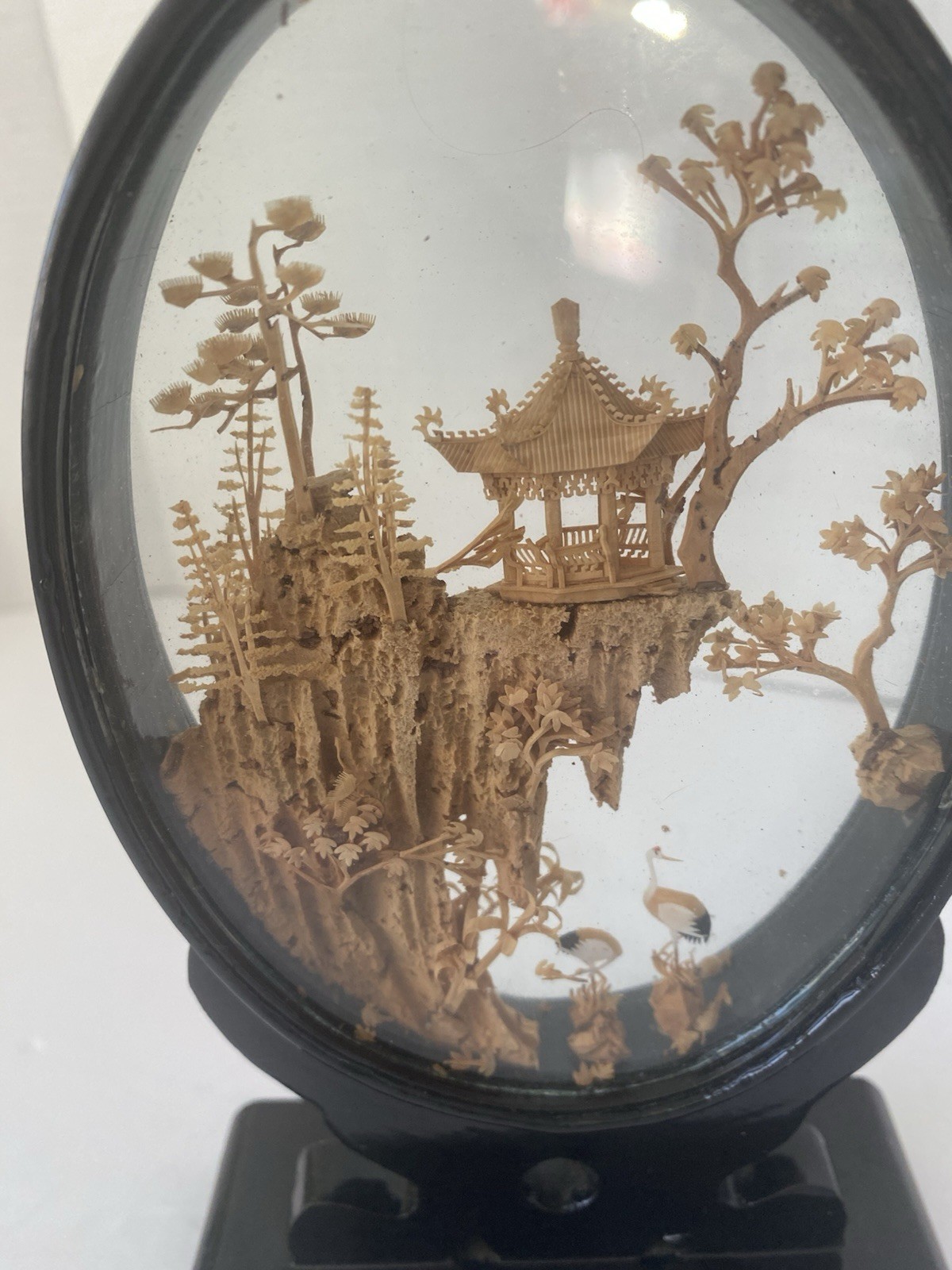 VTG Oriental Hand Carved Cork Art Diorama Pagoda Lacquer Frame Asian Chinese