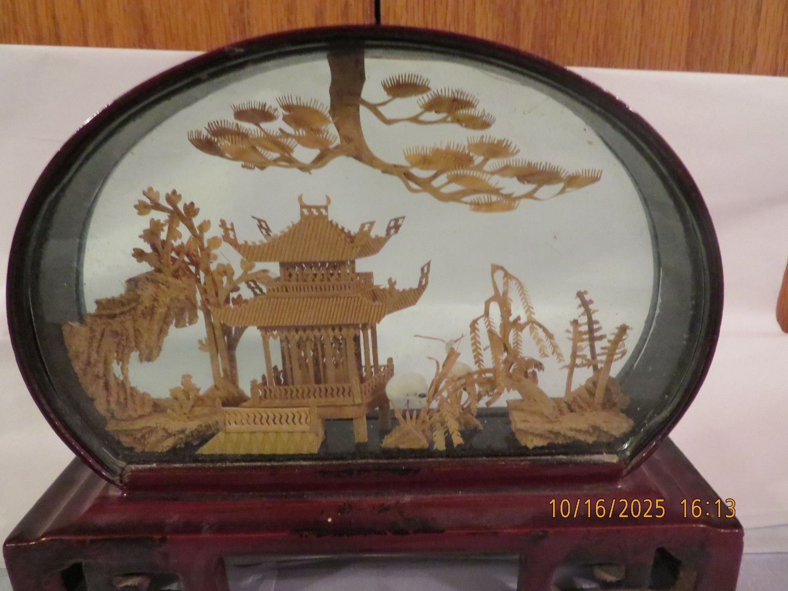 Vintage Chinese Cork Art Hand Carved Diorama Lacquered Pagoda Cranes Trees