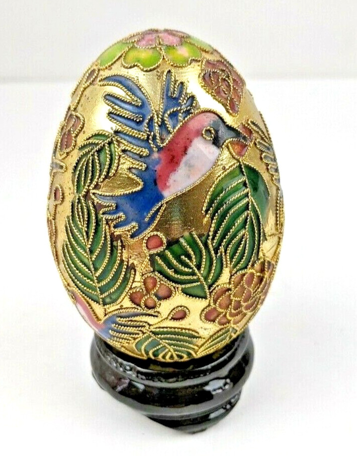 Large 4″ Enamel Egg Hummingbirds & Flowers Chinese Cloisonne Gold Metal Brass