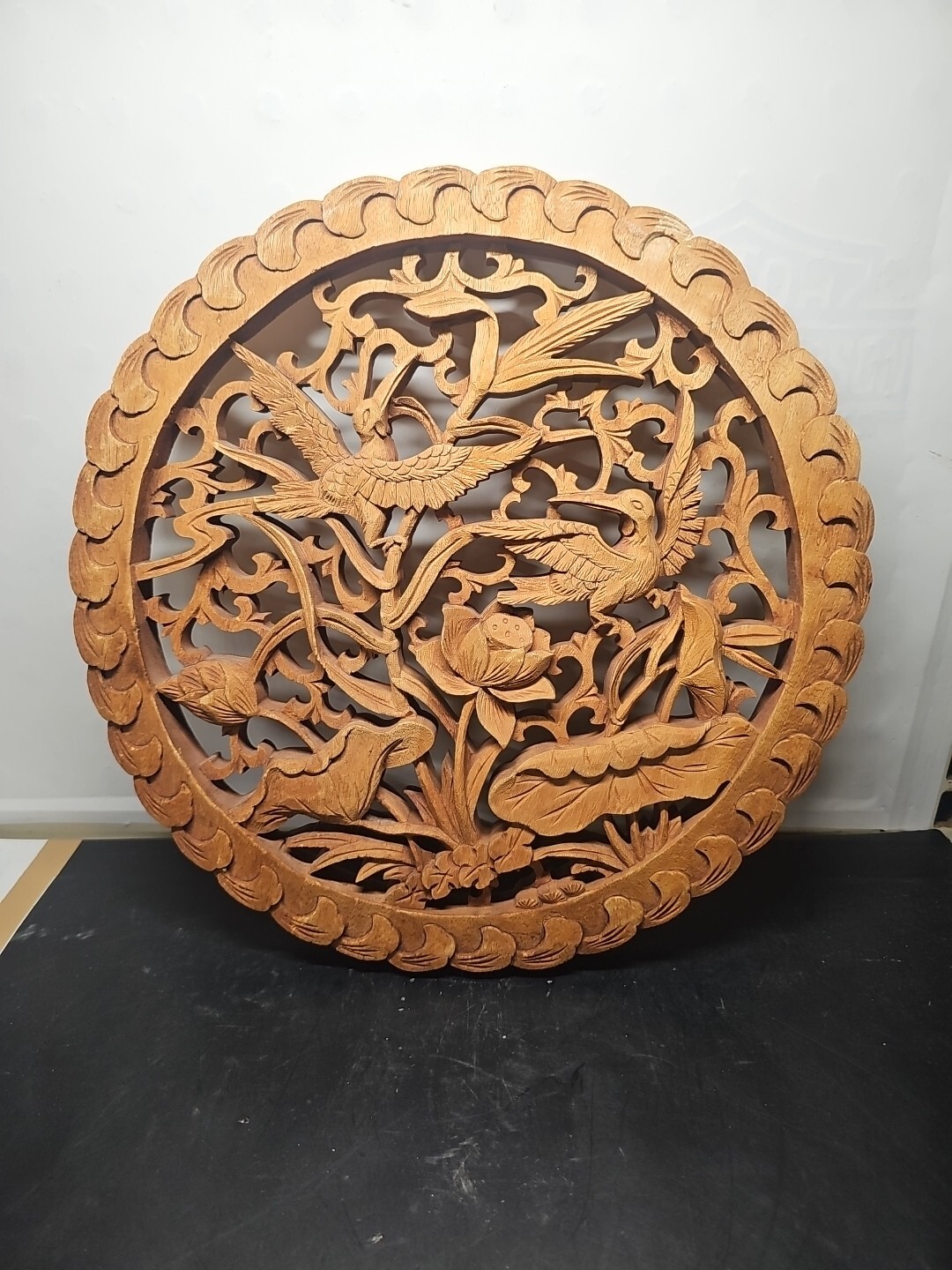 Chinese solid Wood Hand Carved Openwork Crane Magpie Birds Flower Floral Plaque