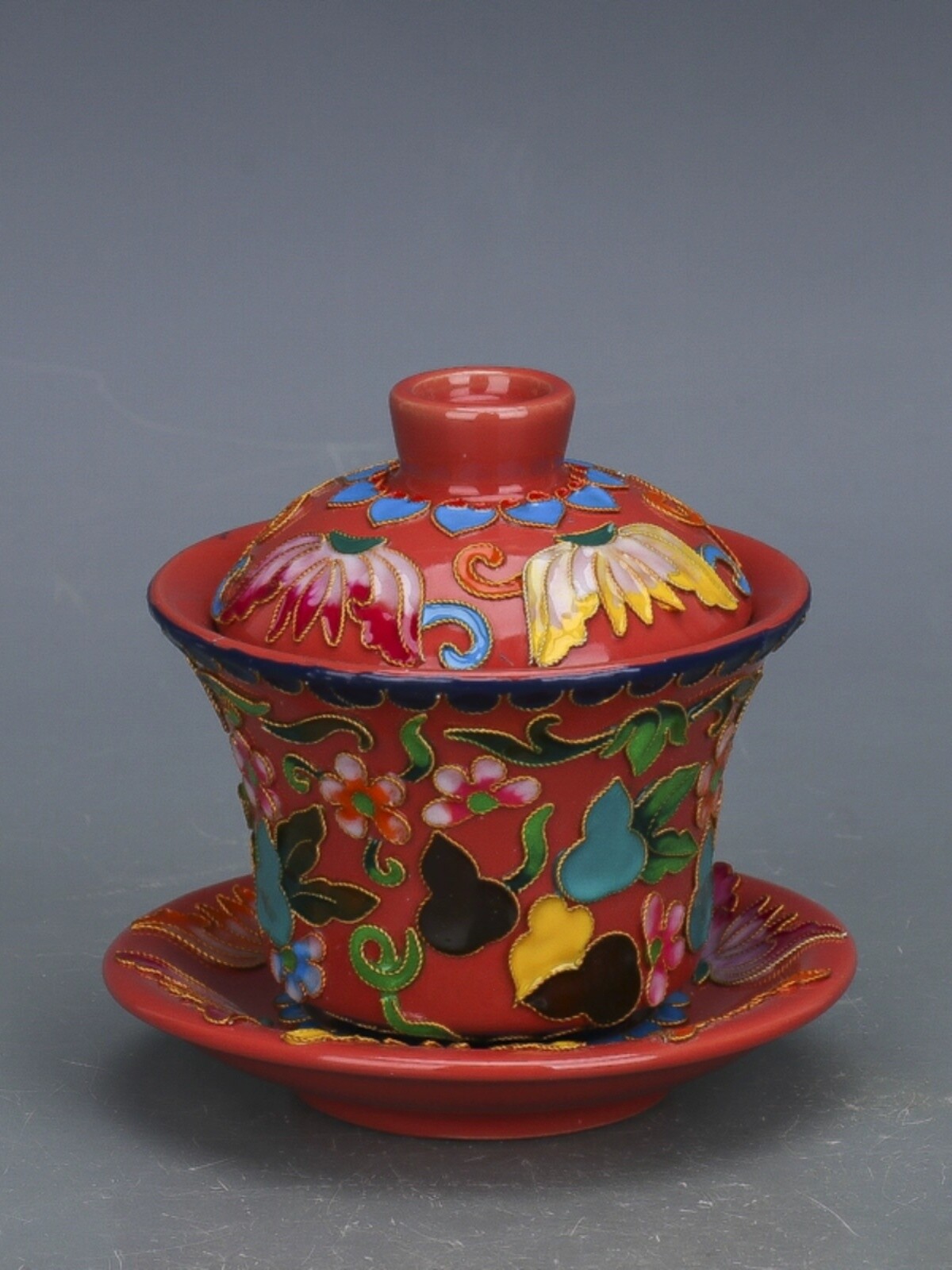 4.5″ China Song Ruyao Red Glaze Porcelain Wire Inlay Gourd San Cai Lid Bowl