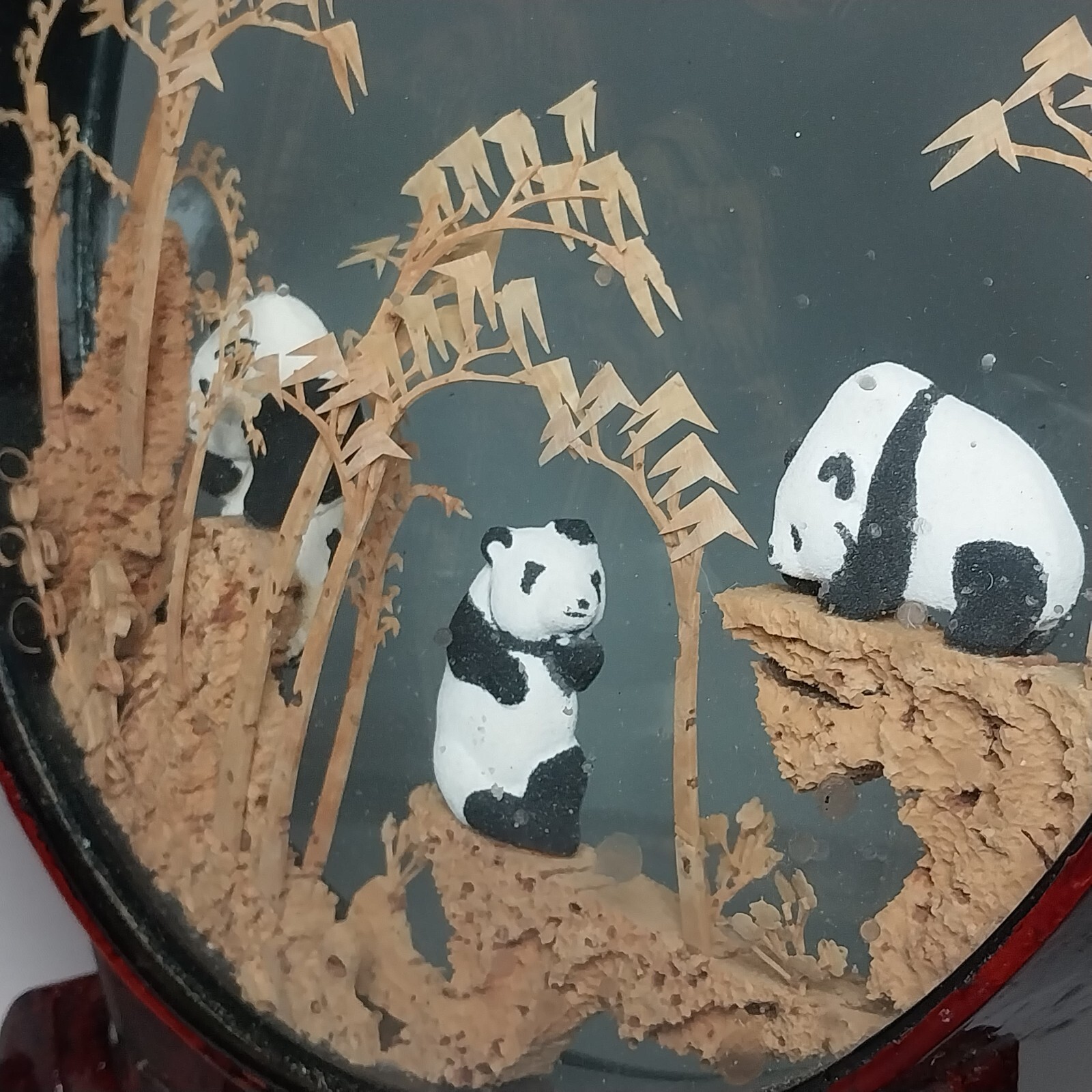 Antique Asian Carved Cork Framed Glass Diorama w/ Panda Bear Figures on Stand