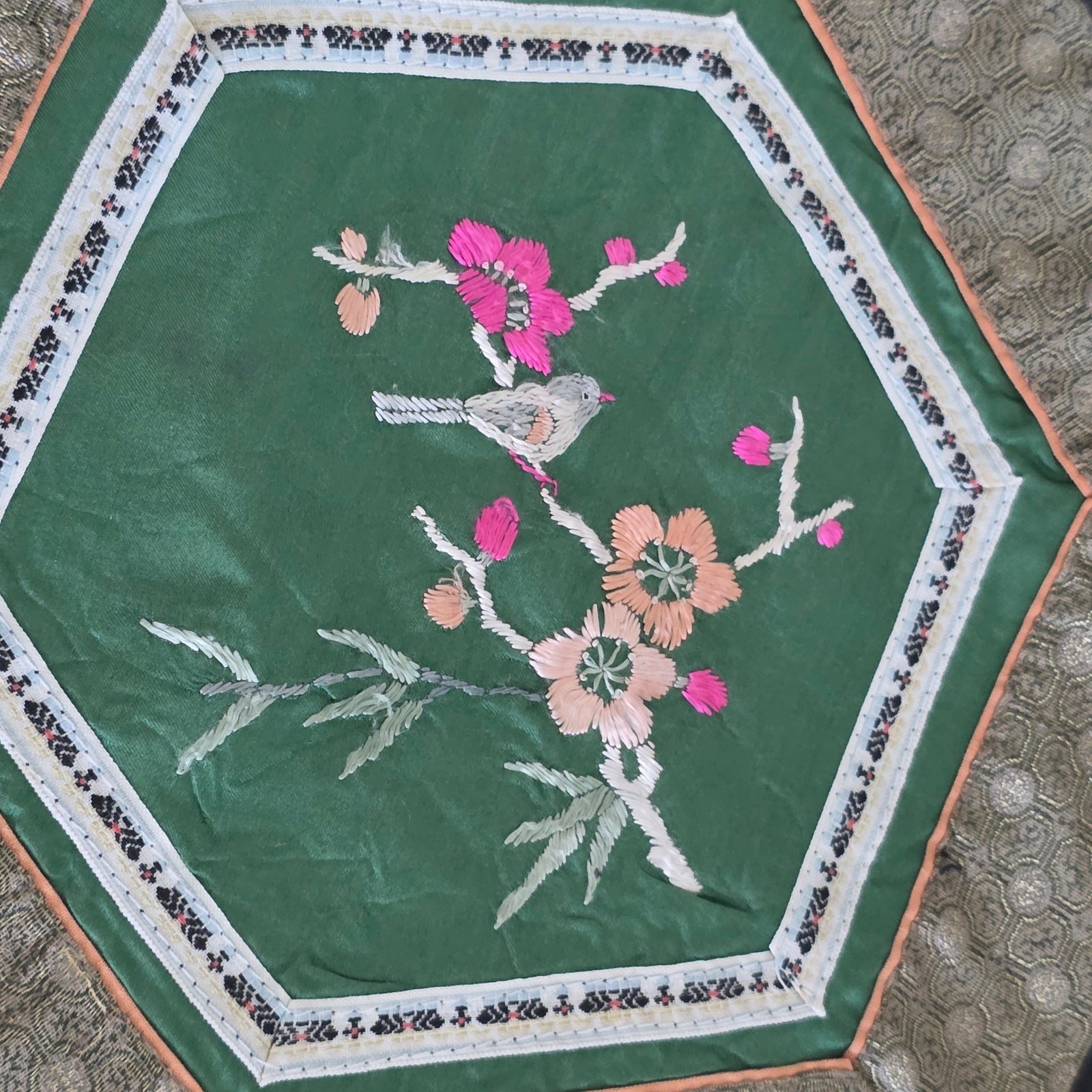 Vintage Asian Silk Embroidery Placemats Floral Bird Butterfly Multicolor Set