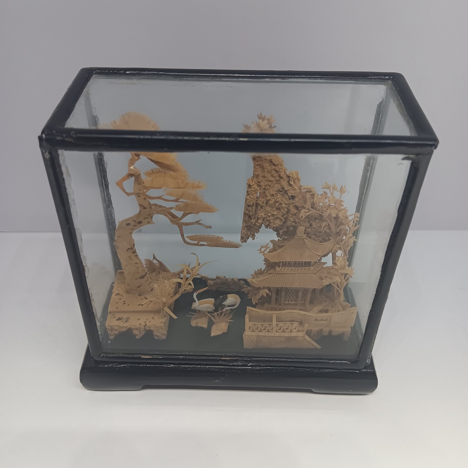 VTG Chinese Cork Carving Diorama Shadow Box Asian Art Pagoda Cranes 4″x4.5″x1.5″