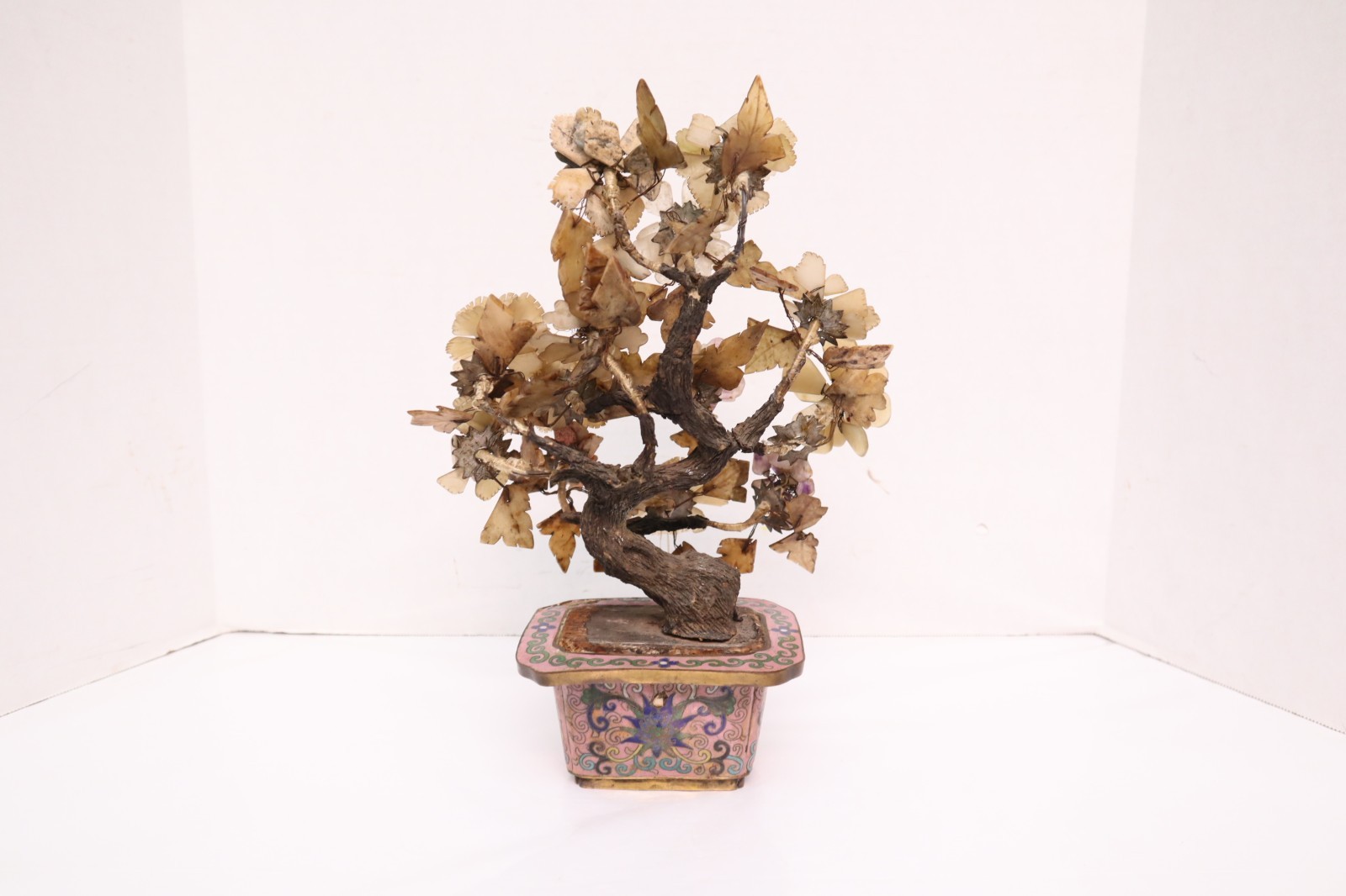 Vintage Cloisonné Potted Jade & Gemstone Flower Tree Decor LARGE 13.5″ Tall