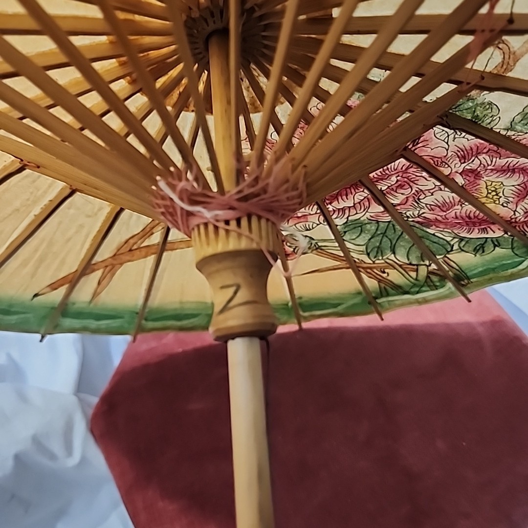 Set of 3 Vintage Oriental Hand Painted Birds & Flowers Bamboo Paper Parasols