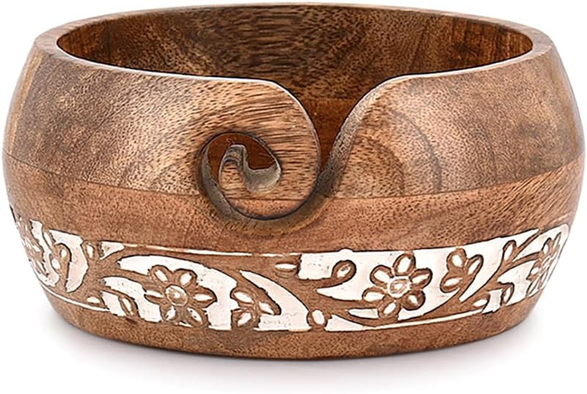 Yarn Storage Mango Wood Yarn Bowl for Crocheting (6″ X 6″X 3″)