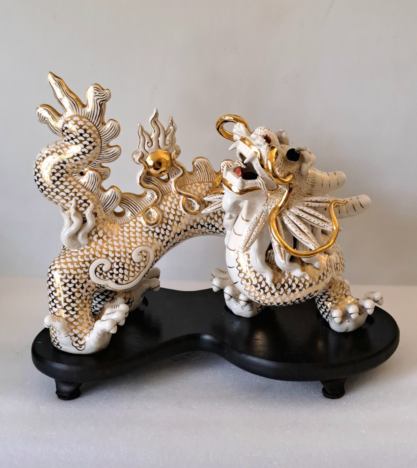 Vintage White/Gold Ceramic Dragon Feng Shui Sculpture 1950s Chinese Zodiac Décor