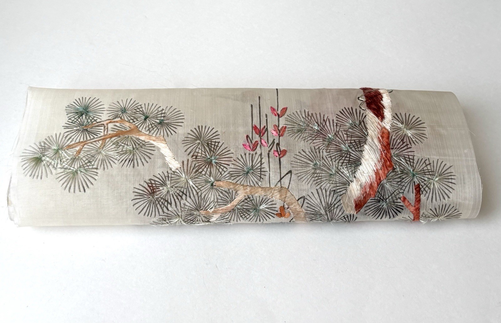 Antique Chinese Silk Embroidery Panel | Hand-Stitched Crane & Pine | 22” Textile
