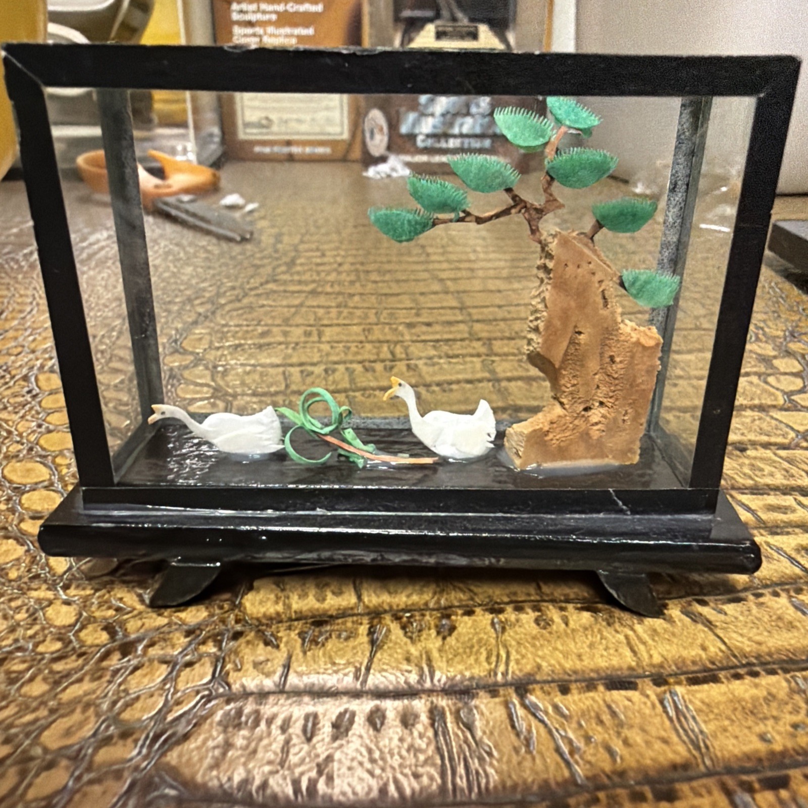 Vintage Asian Oriental Hand Carved Cork Art Shadow Box Diorama 3D Egret Pagoda