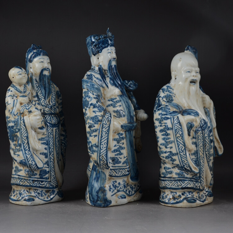 11″ China Blue and White Porcelain 3 Longevity God Fu Lu Shou Life Statues