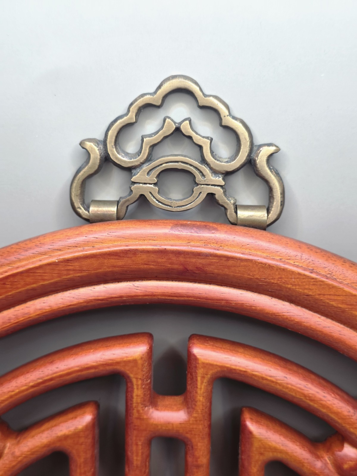 Hand Crafted Rosewood Chinese Symbol Shou Longevity Brass Accents Wall Hanging