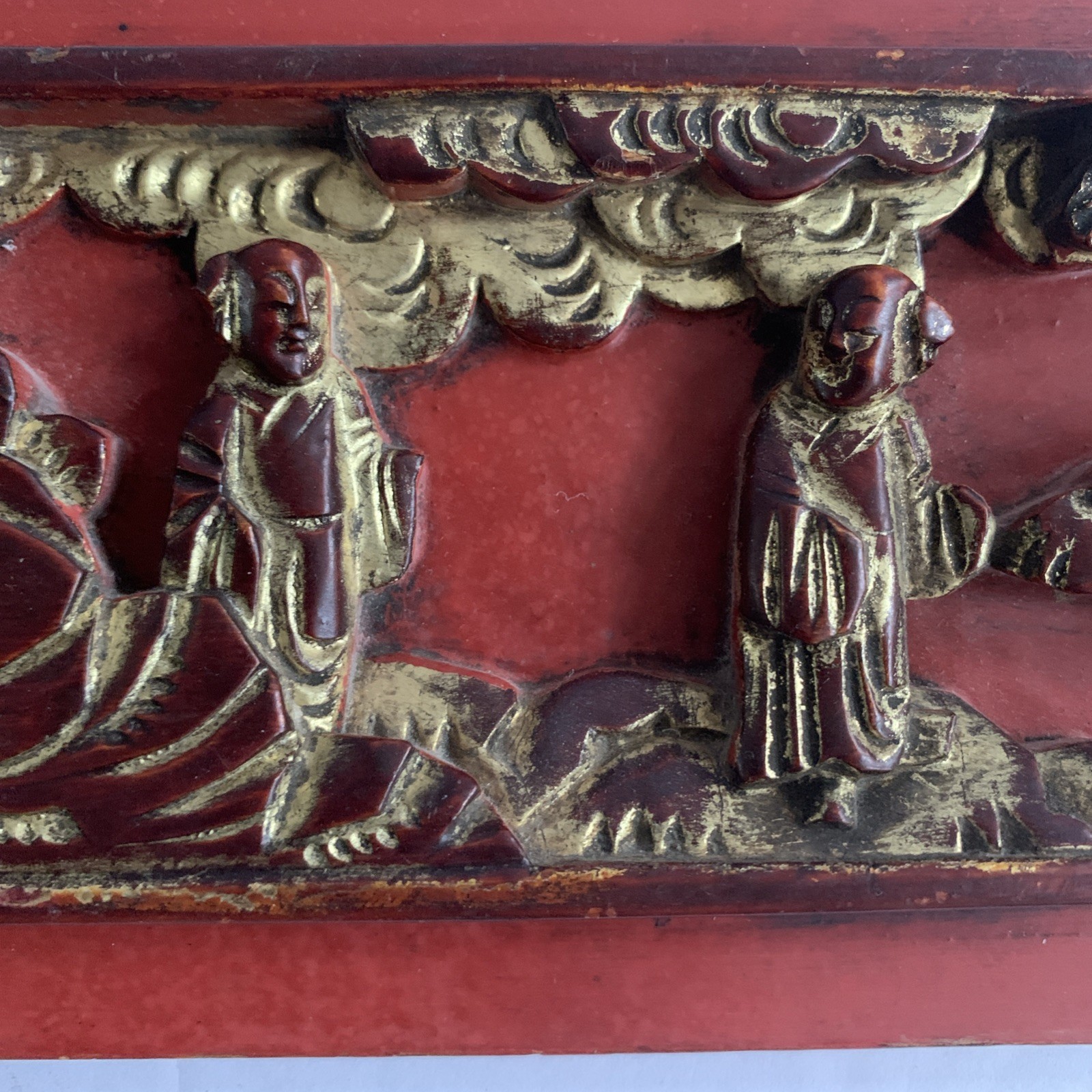 Chinoserie Hand Carved Wood Red Gilded 3D Relief Pagoda People Tree Garden Panel