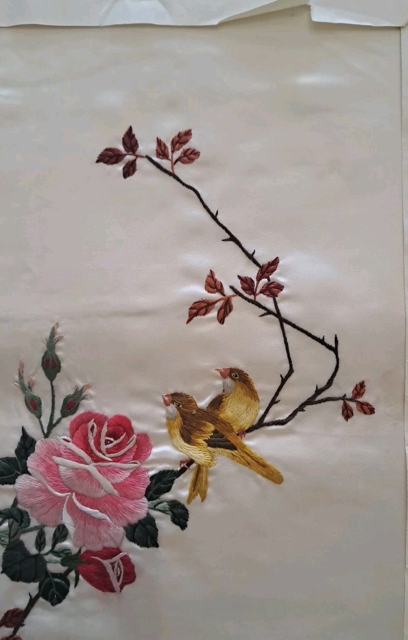 Vintage Chinese Silk Embroidered Textile Panel Wall Rose & Birds 17 x 12.5″
