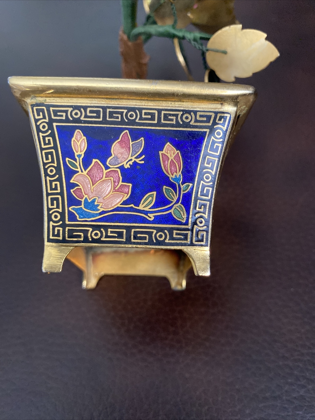 VINTAGE CHINESE GUILLOCHE ENAMEL BONSAI TREE & FLOWERS w/ CORAL CLOISONNE POT