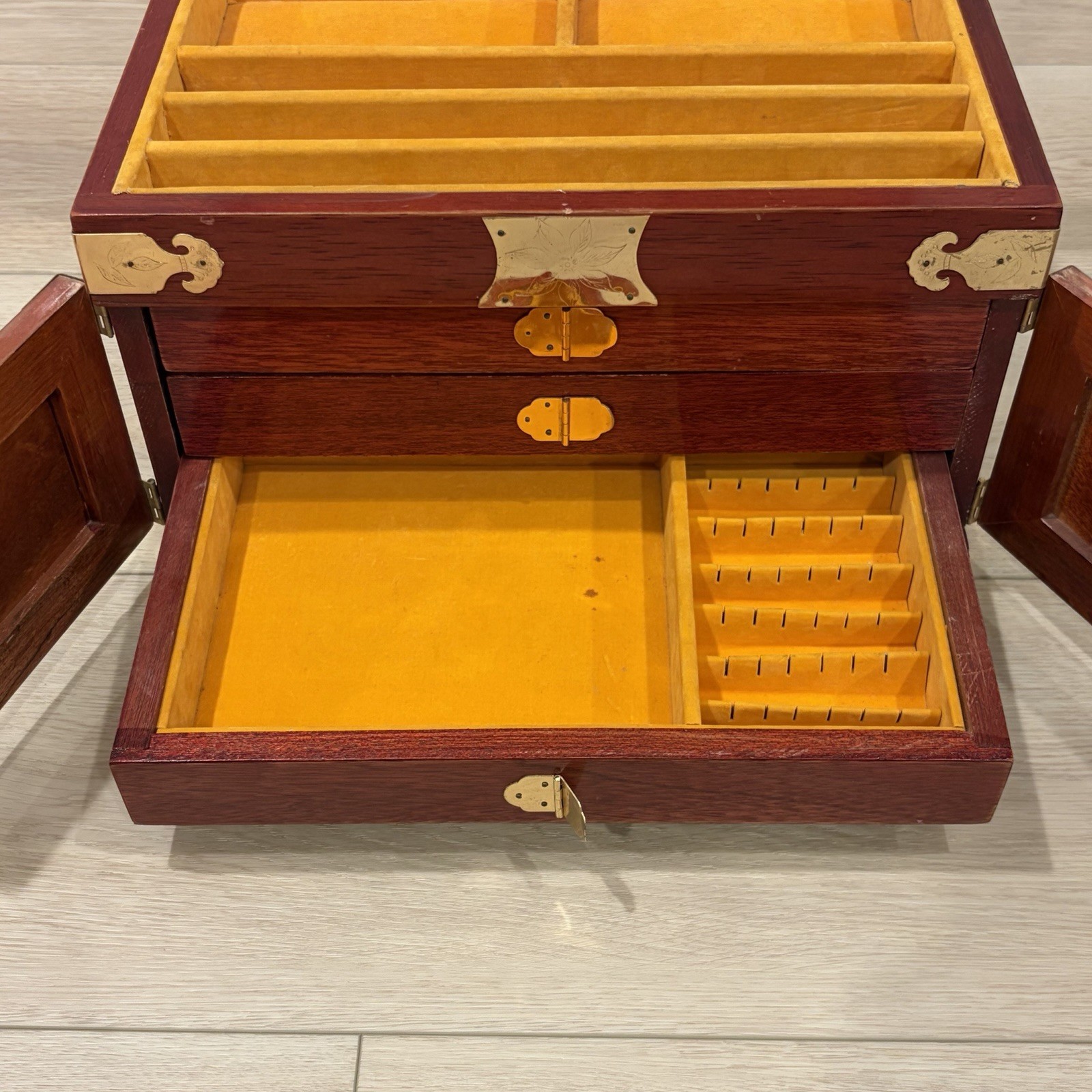 Large Chinese Rosewood & Brass 3 Drawer Flip Top Jewelry Box Longevity Symbol
