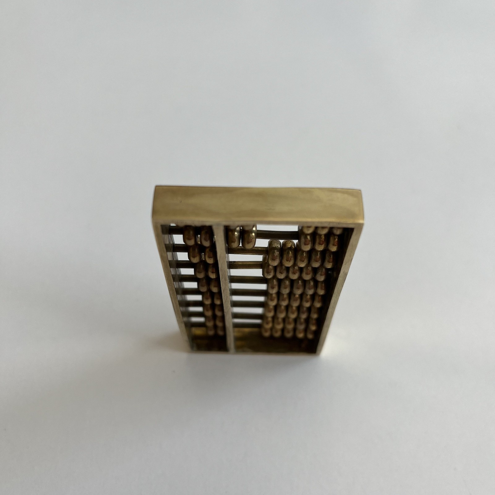 Vintage Miniature Brass Chinese Suanpan 9 Rod Abacus With Silk Brocade Box.