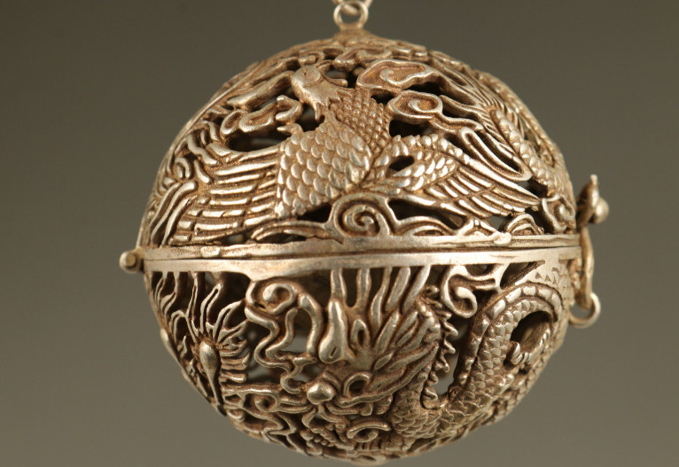 Old Tibet Silver Copper Hand Carved Dragon Phoenix Statue Incense Burner Buddha