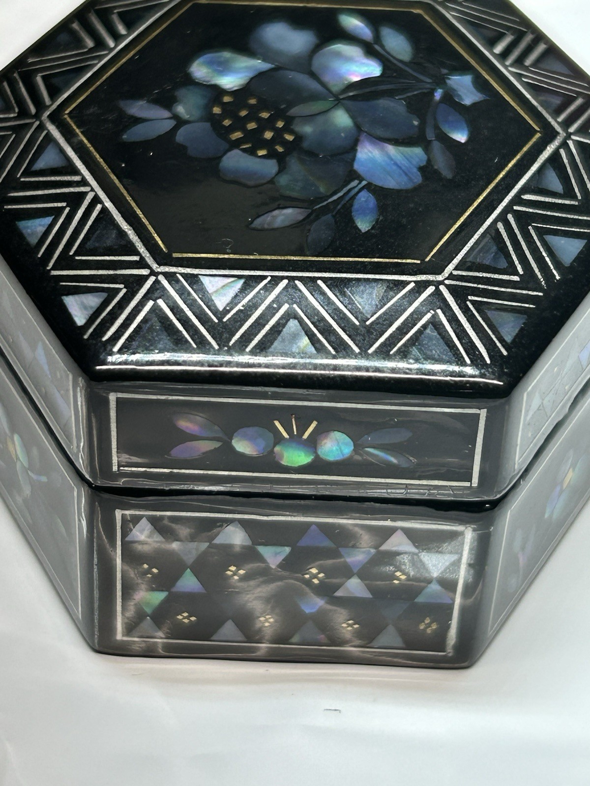 Vintage Hexagonal Mother of Pearl Inlay Lacquer Box Floral Geometric