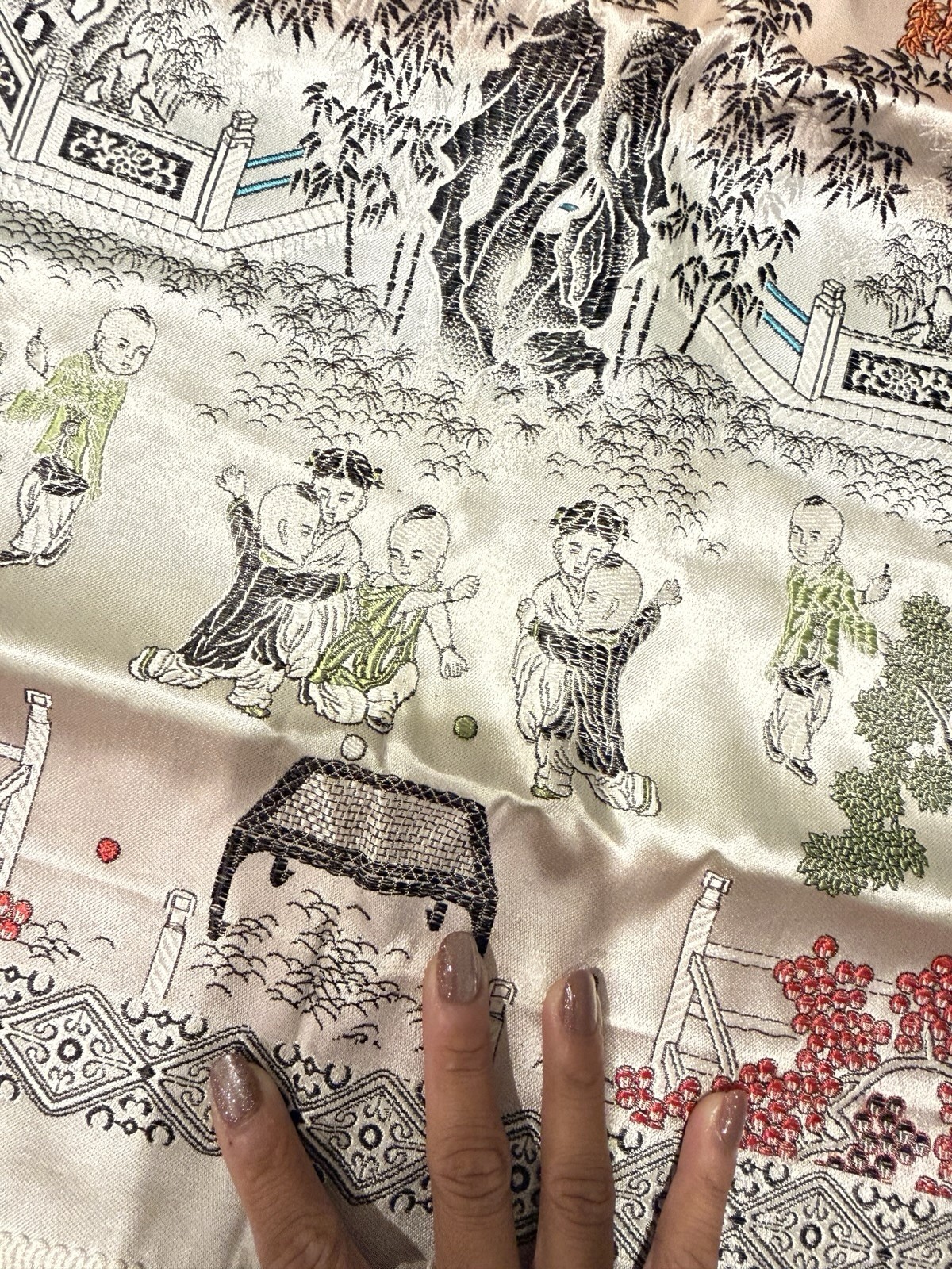 Vintage Brocaded Flowers Chinese Silk Tapestry Children Table Cloth – 36×39 In