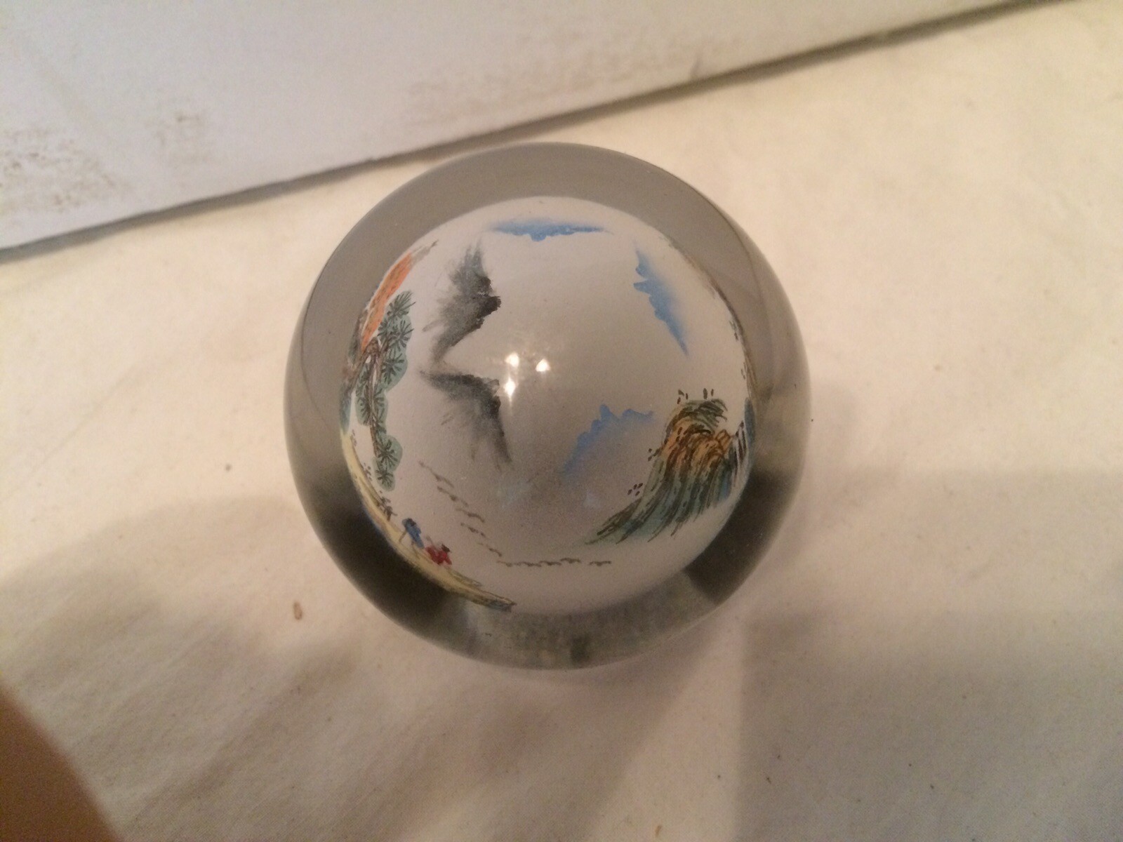 VTG Reverse Painted Glass Ball Sphere Paper Weight Oriental Asian Mountain Scene