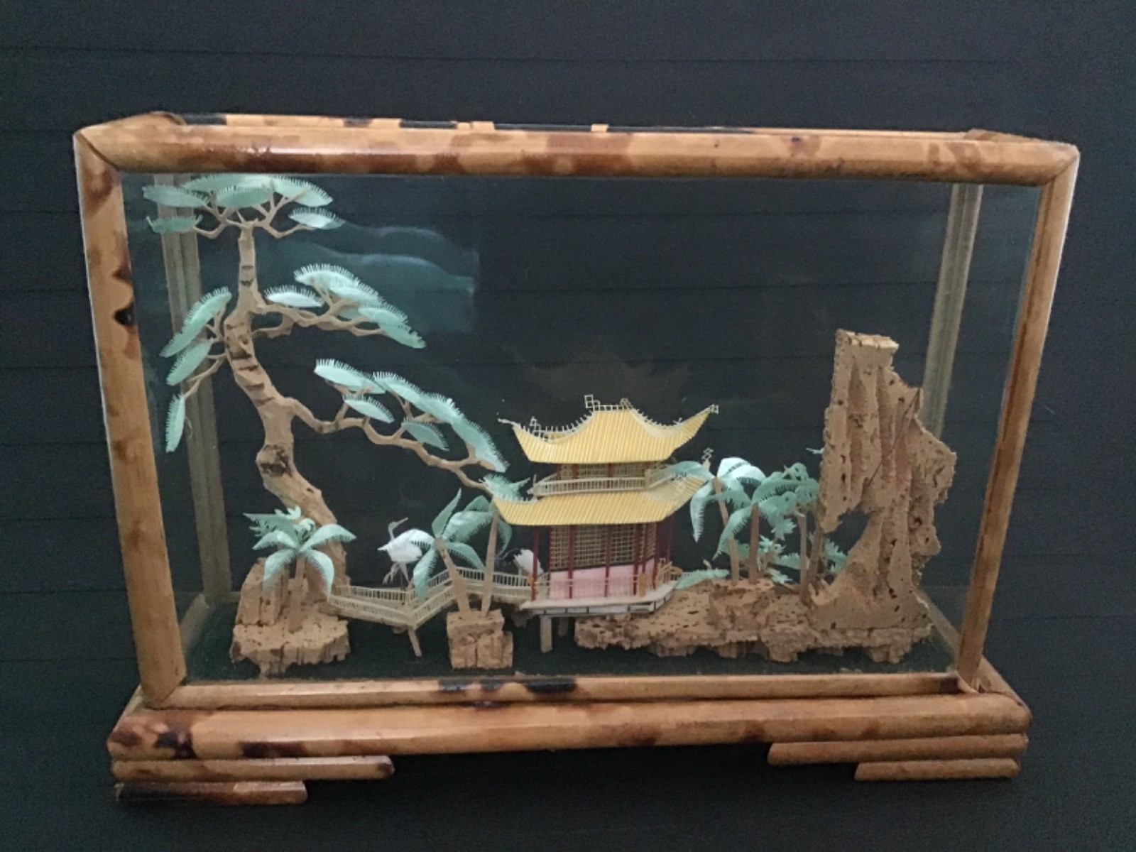 Chinese Cork Diorama with Cranes, Pagoda, Trees in Glass Frame