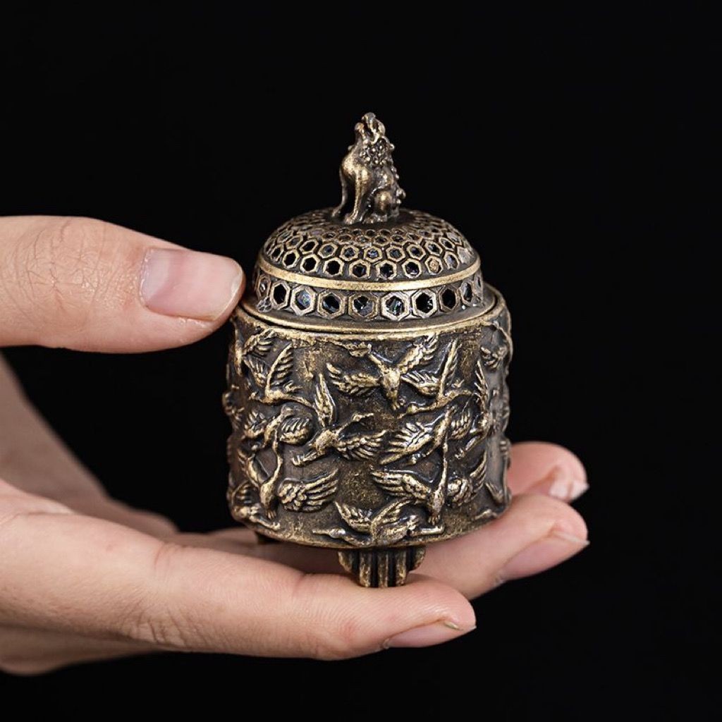 Bronze Alloy Crane Incense Burner Vintage Antique Style Censer Desktop Decor