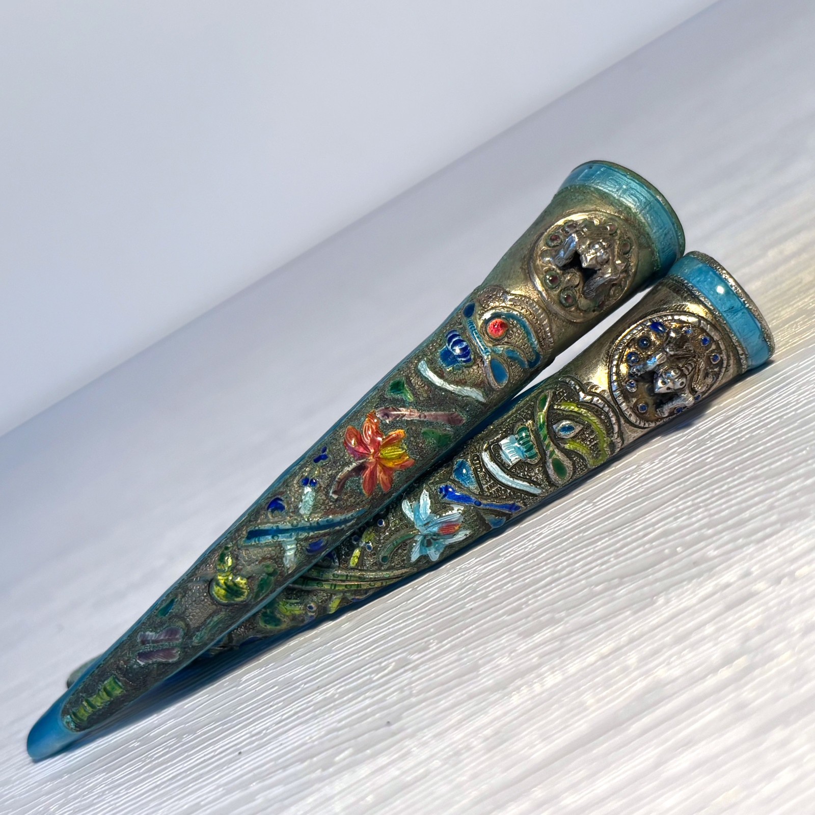 Set of 2 Chinese Sterling Silver & Enamel Fingernail Guards – Incredibly Useful!