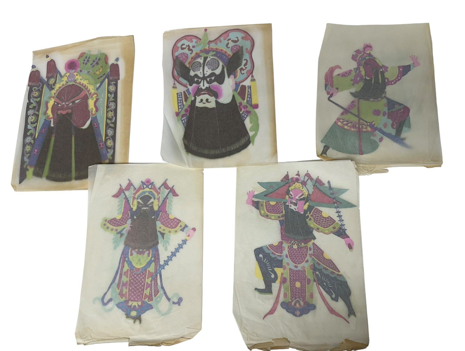 5 Vintage Chinese Opera Masks Paper Cut Out Warrior Peking Lianpu Colorful