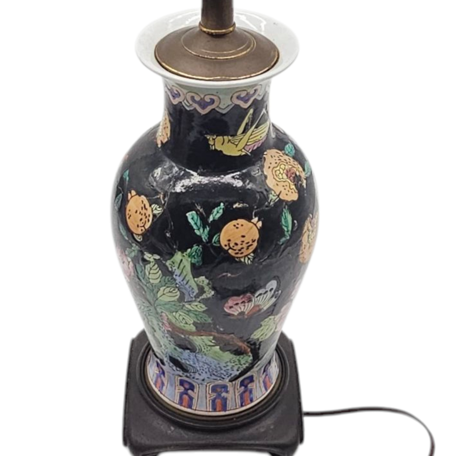VTG Chinese Famille Noir Porcelain Lamp Hand Painted Birds Flower Black Base 20″