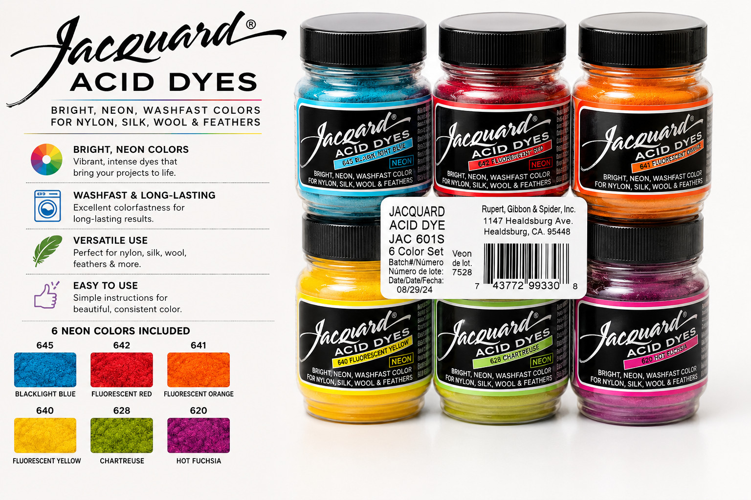 Jacquard Acid Dyes 6 Pack Set for Wool Nylon Fabric Vibrant Colors