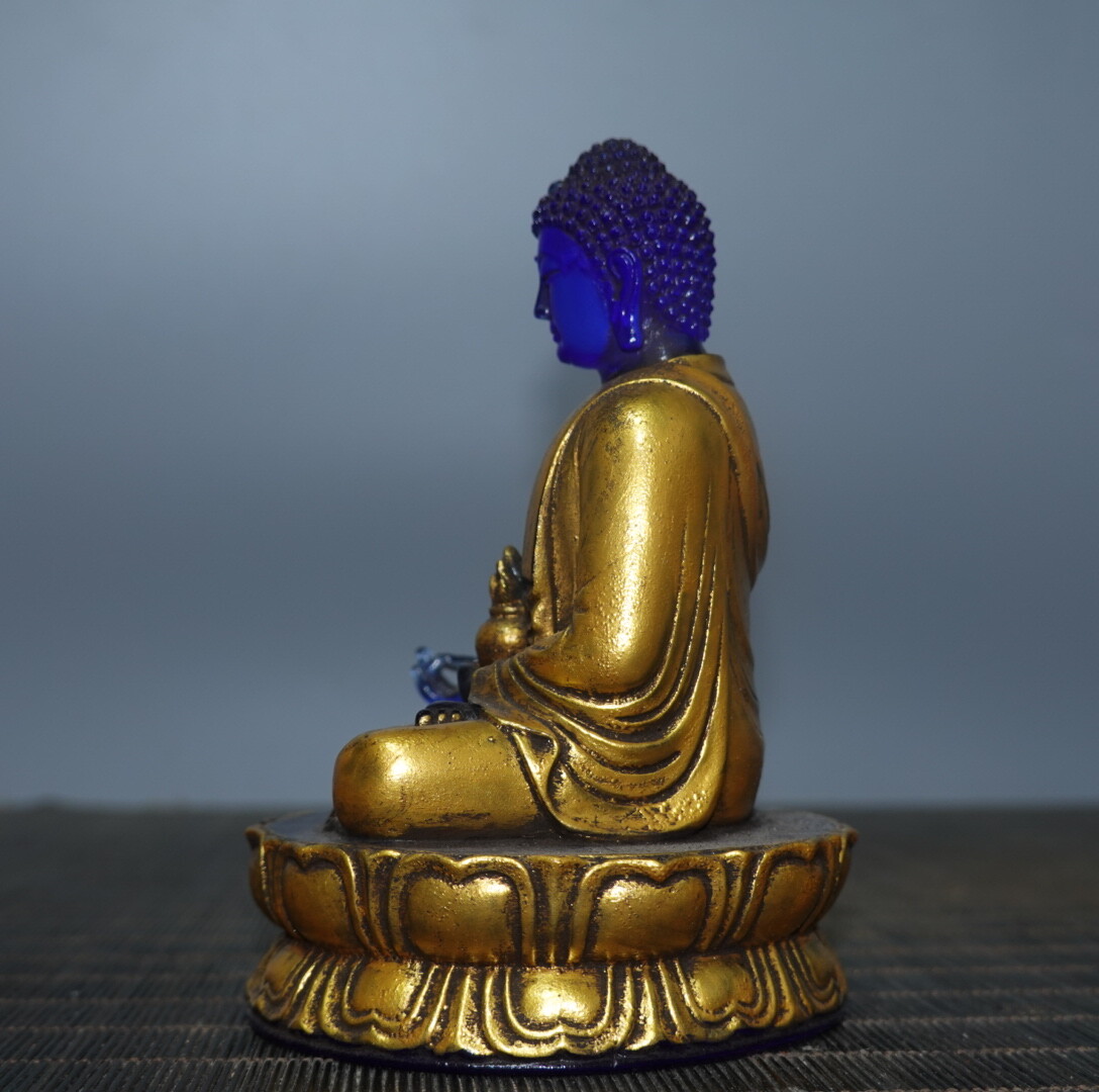 4.7″ Chinese Blue Coloured Glaze Paintings Gild Buddhism Medicine Buddha Statue