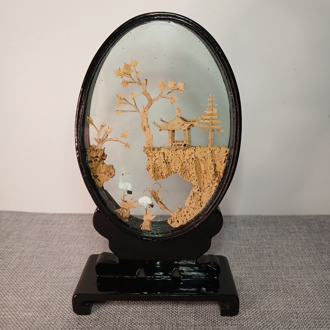 Vintage Chinese Cork Art Pagoda City Trees Cranes Glass Display Oval