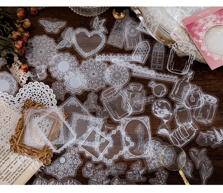 30 Pcs White Lace Clear Stickers, Bottle,Gate, Ornamental Frame,Vintage Style