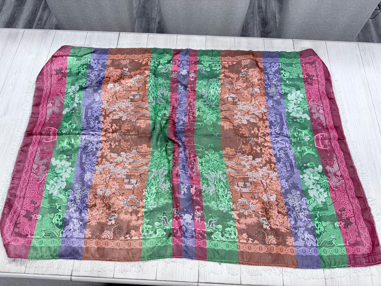 Vintage Chinese Silk Brocade Machine Woven Tablecloth 52”X34” & Watercolor Art