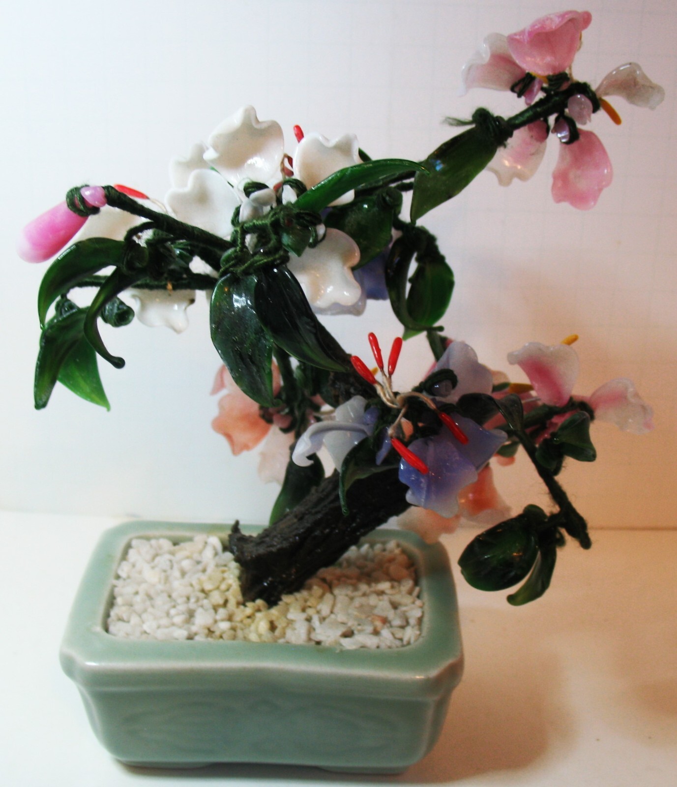 Victorian Era Chinese Jade Flowered Bonsai Tree in Celedon Planter