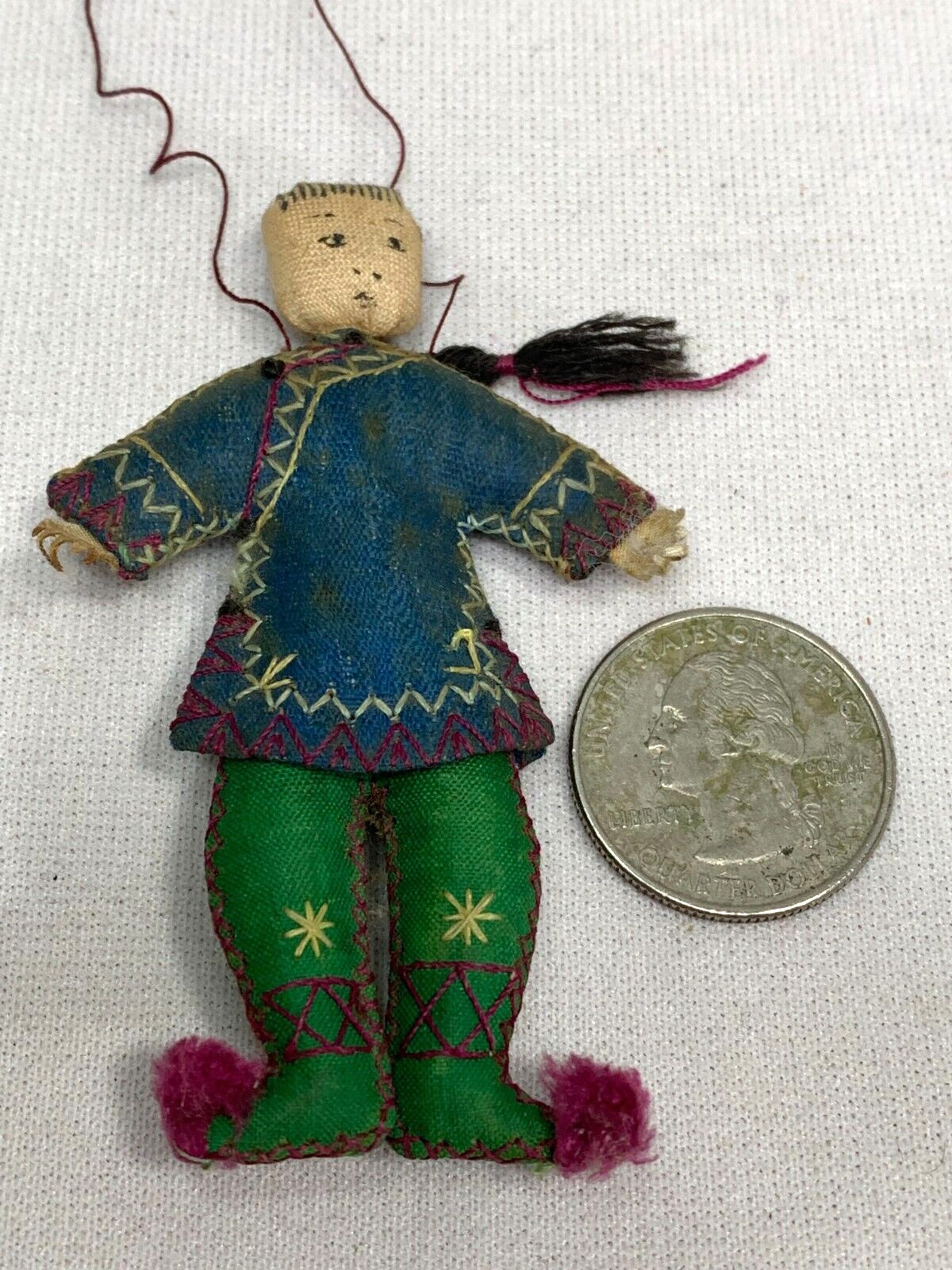 Early 1900’s Miniature Asian handmade cloth hanging ornament Human Figure 3″