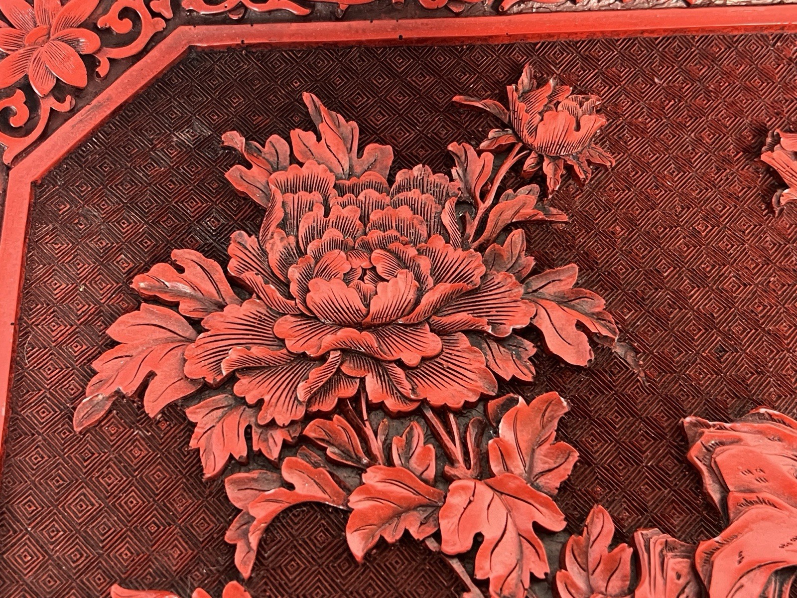 Vintage Chinese Cinnabar Lacquer Serving Tray Platter Carved Peony Floral 14×10″