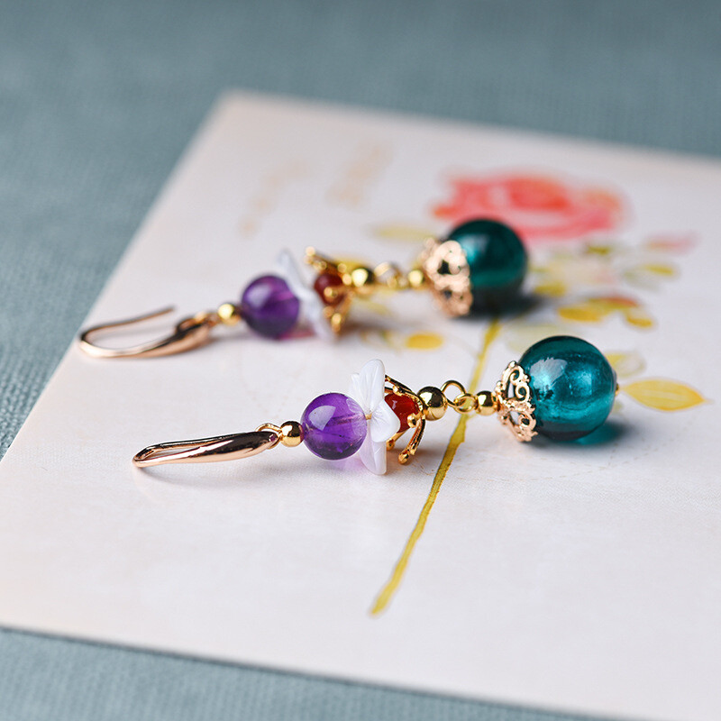 China Coloured Glaze/Purple Crystal/Shell Flower Tibetan Style Earbob Earrings
