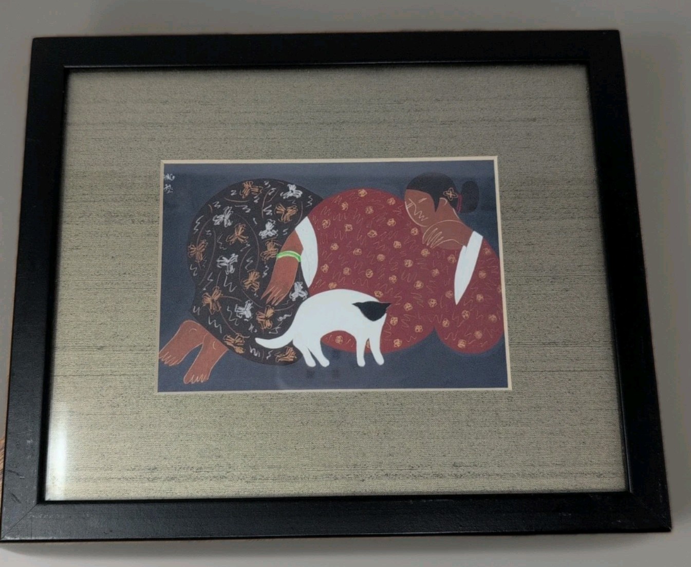 VTG Framed Print Oriental Woman And Her Cat Litho signed Liang Asian 12″ By 10″