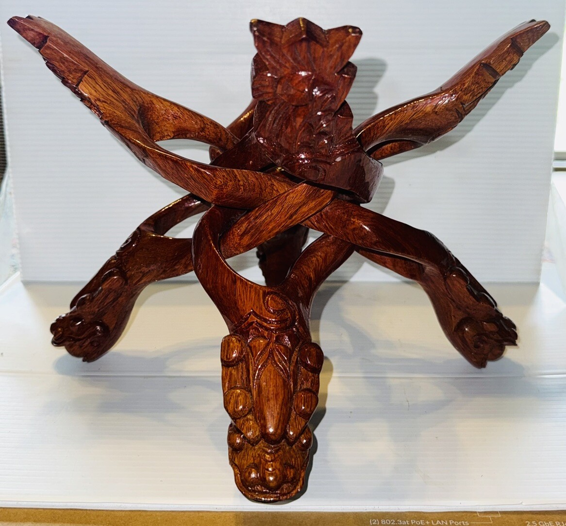 Carved Wooden Collapsing Dragon Bowl/ Planter Stand 9.5”tall, 12” Wide 15.5” L