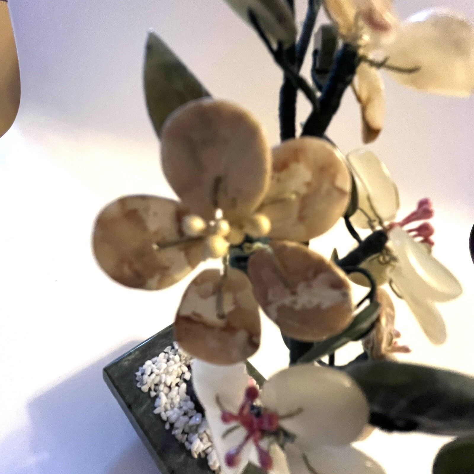 Vtg Asian Flowering Blossom Tree Hand Carved Jade Agate Semi-Precious Stone 8″H